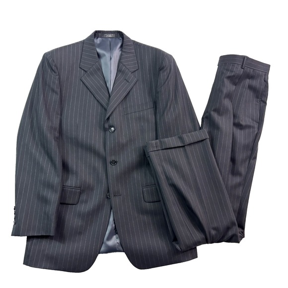 vtg Jones New York 38R 31x32 Navy Blue Stripe 2pc Pant Suit 100% Wool Pleated
